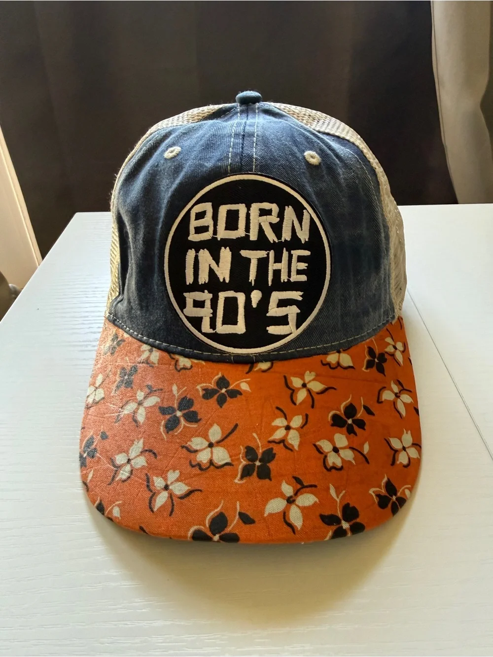 Born in the 90's Floral Brim Trucker Hat Blue Orange Mesh Adjustable SnapBack OS